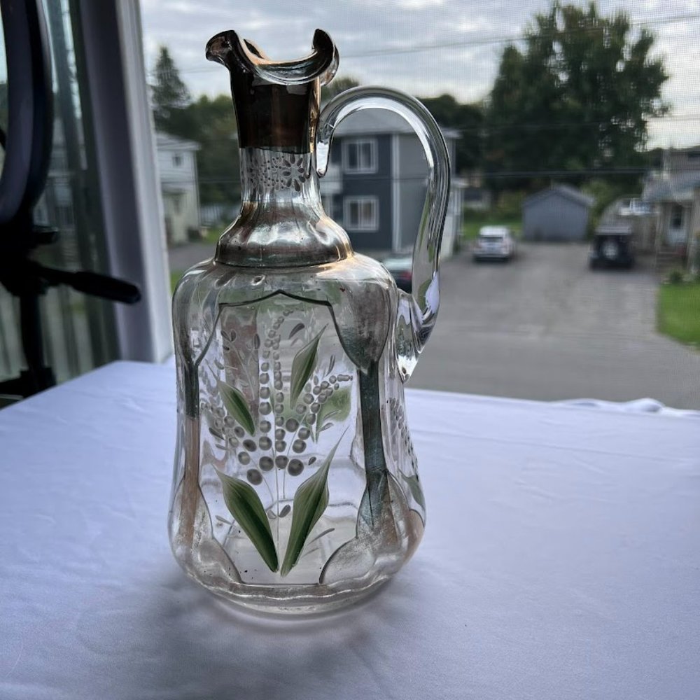 Vintage Etched Leaves and Grapes Glass Pitcher Jug decanter Gold Trim